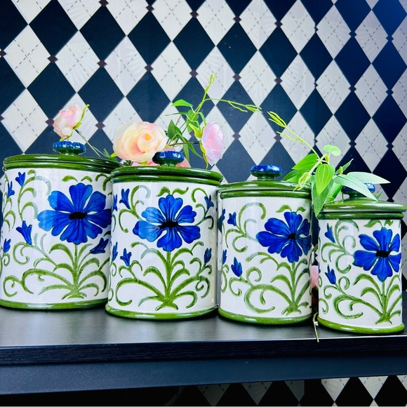 Metlox Poppytrail Blue Floral Canister Set, Green Lids, 4pc Vintage Very Large - Picture 16 of 17